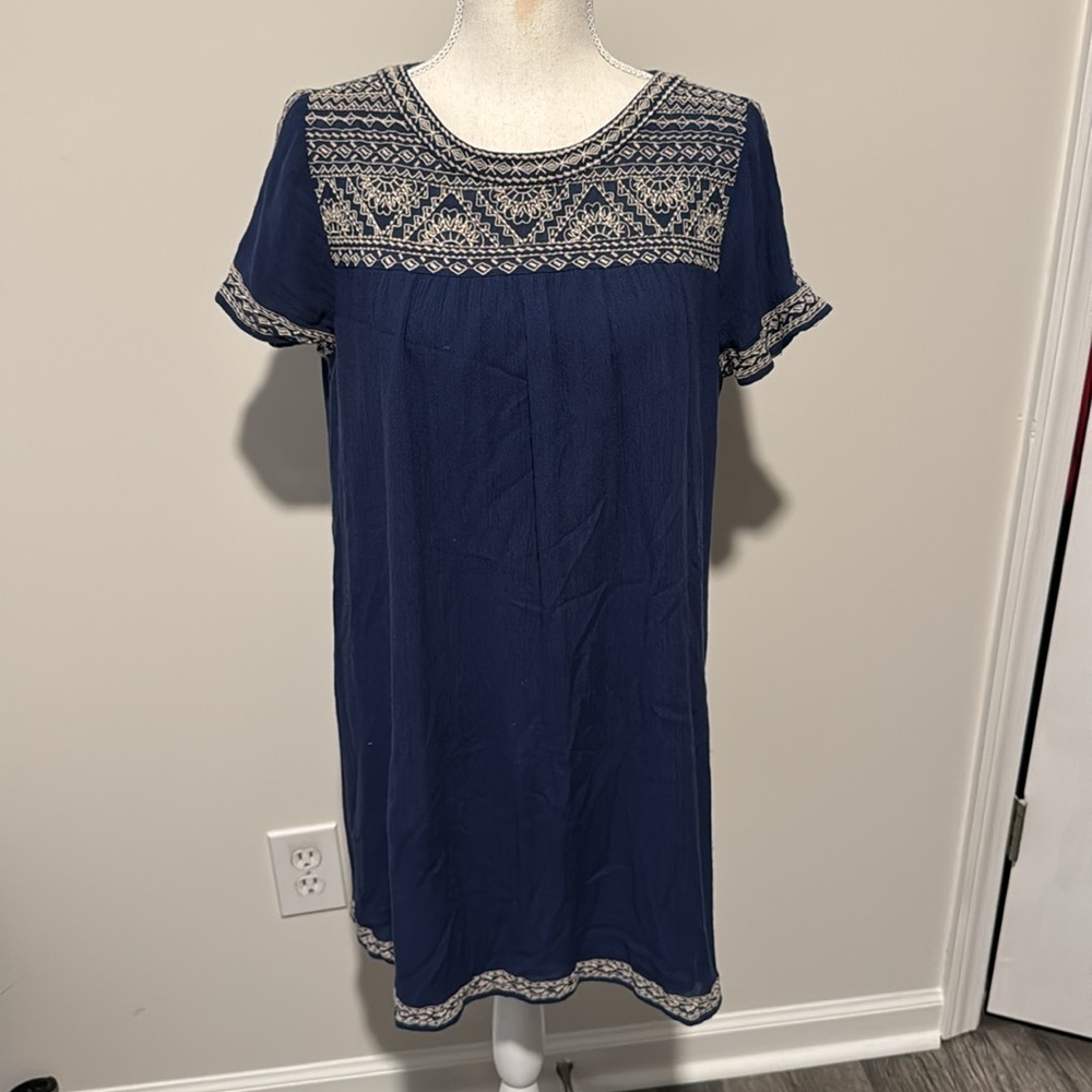 Lucky Brand Blue Boho Embroidered Mini Sheath Summer Dress Size Small